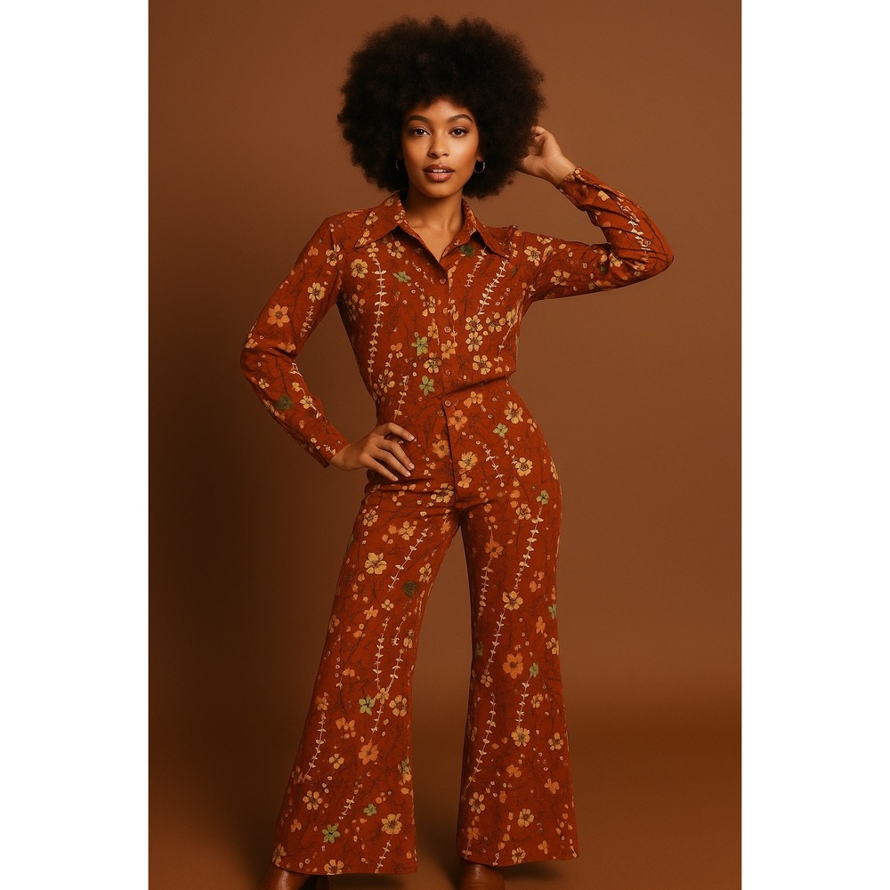Fritzi California Blouse Pants 3 Pc‎ Set Disco Hippie Size 13/14 Brown Floral